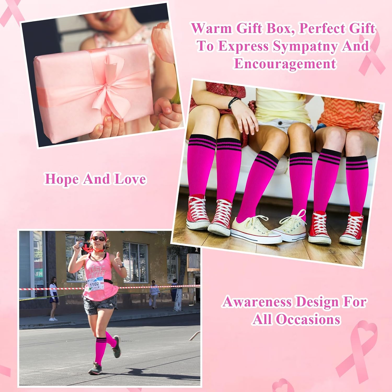 Breast Cancer Awareness Socks 2 Pairs - Pink Ribbon Knee High Compression Socks for Women & Men, Softball Soccer Football Baseball, Gifts Box (Size L,pink&black)