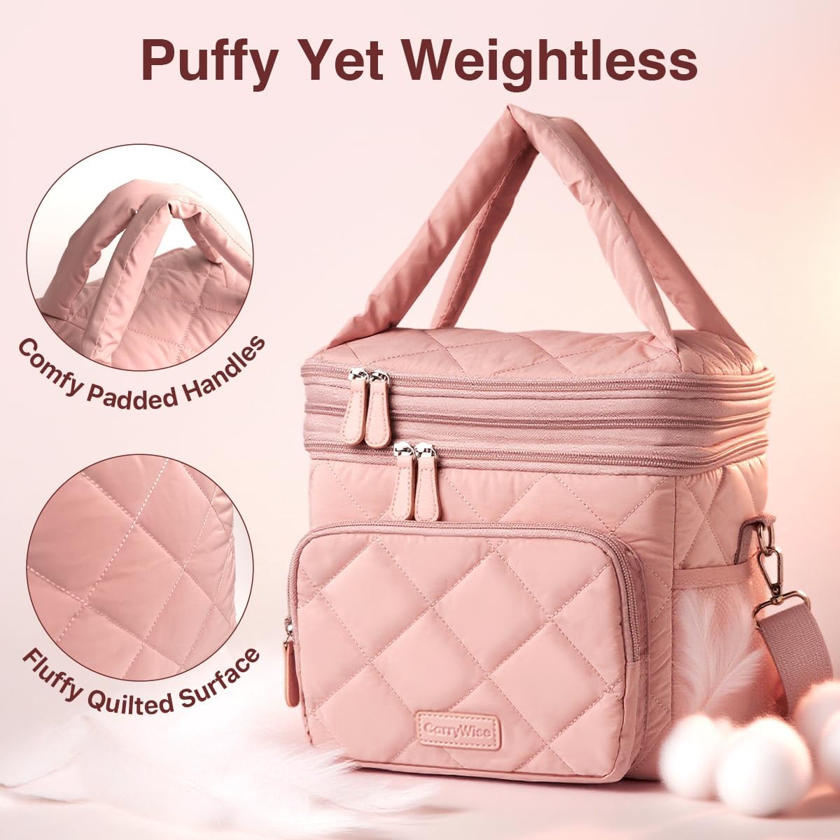 Lunch Bag Women Double Layer Lunch Bag Puffer Insulated Lunch Box Waterproof Bottom Large Lunch Box for Women for Work or Travel,Pink