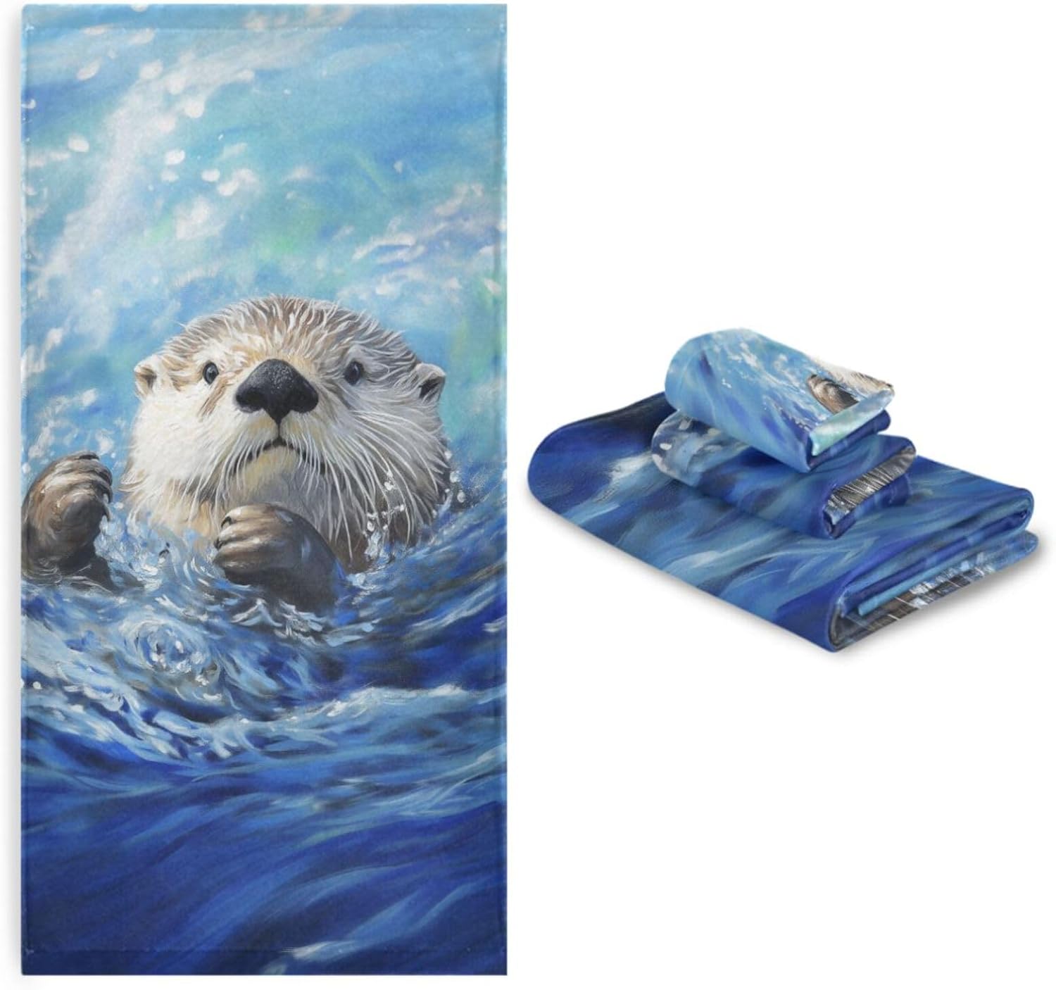 Swiming Sea Otter in Water Soft Luxury Decorative Set of 3 Towels, 1 Bath Towel+1 Hand Towel+1 Washcloth, Multipurpose for Bathroom, Hotel, Gym, Spa and Kitchen