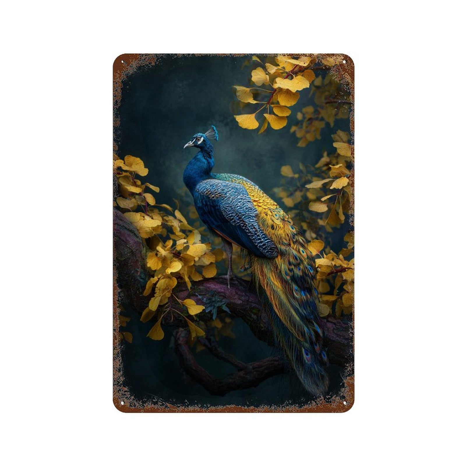 Rust Effect Autumn Peacock Perch Rusty Metal Tin Sign 11.8"x7.9", Old School Wall Decor for Garage, Bar And Workshop Decor