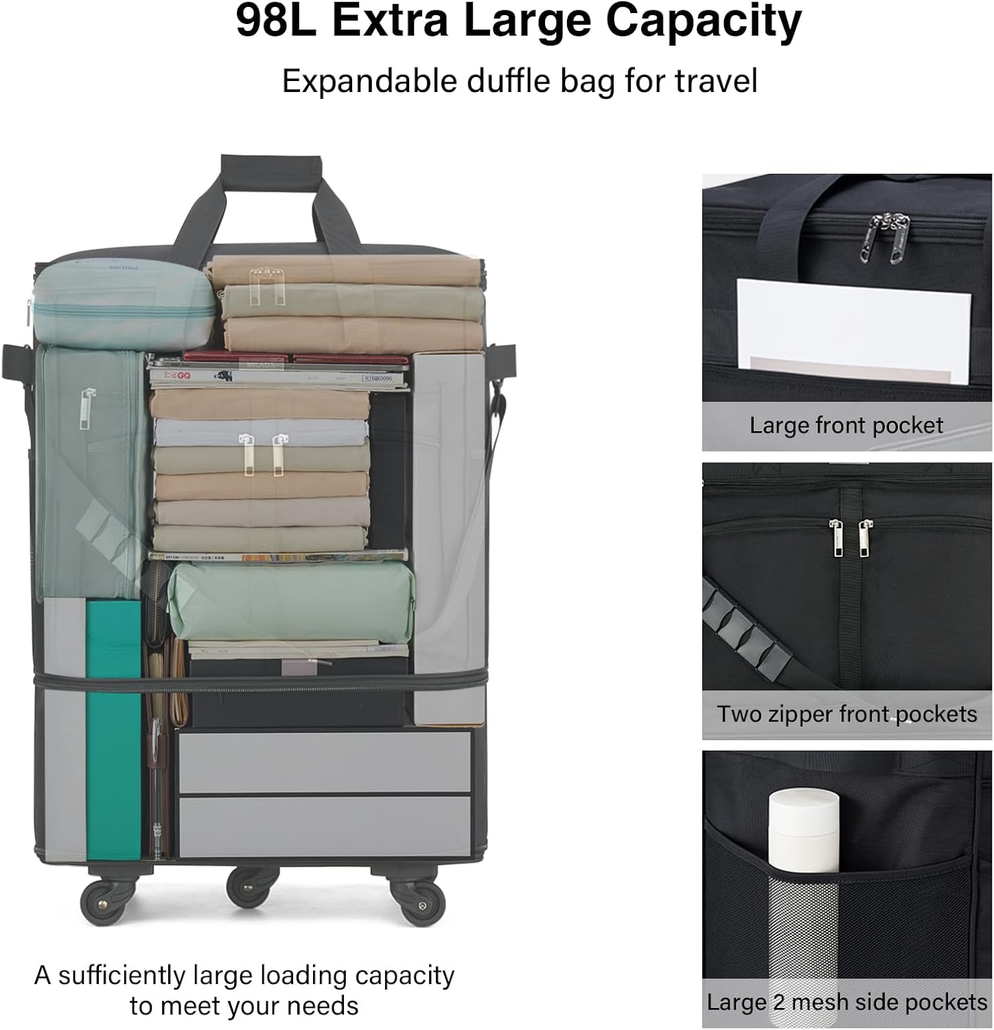 MILADA Expandable Luggage Bags for Travel Foldable Suitcase with Wheels Collapsible Rolling Travel Duffle Bag Lightweight Large Suitcases without Telescoping Handle, Black - Image 5