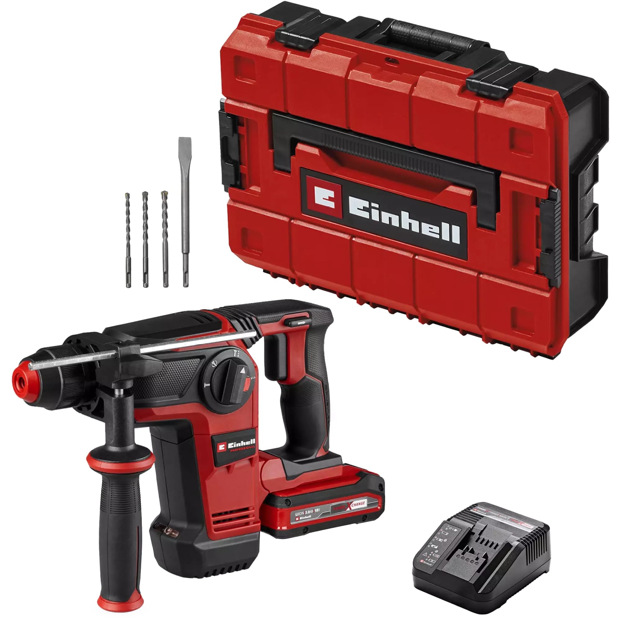 Einhell Profesjonalny bezprzewodowy młot udarowy TP-HD 18/28 Li BL +4 (1 x 3,0 Ah+) Power X-Change (18 V, bez węgla, 3J, SDS-Plus, 4 funkcje, akcesoria, z akumulatorem 3,0 Ah Plus i ładowarką)