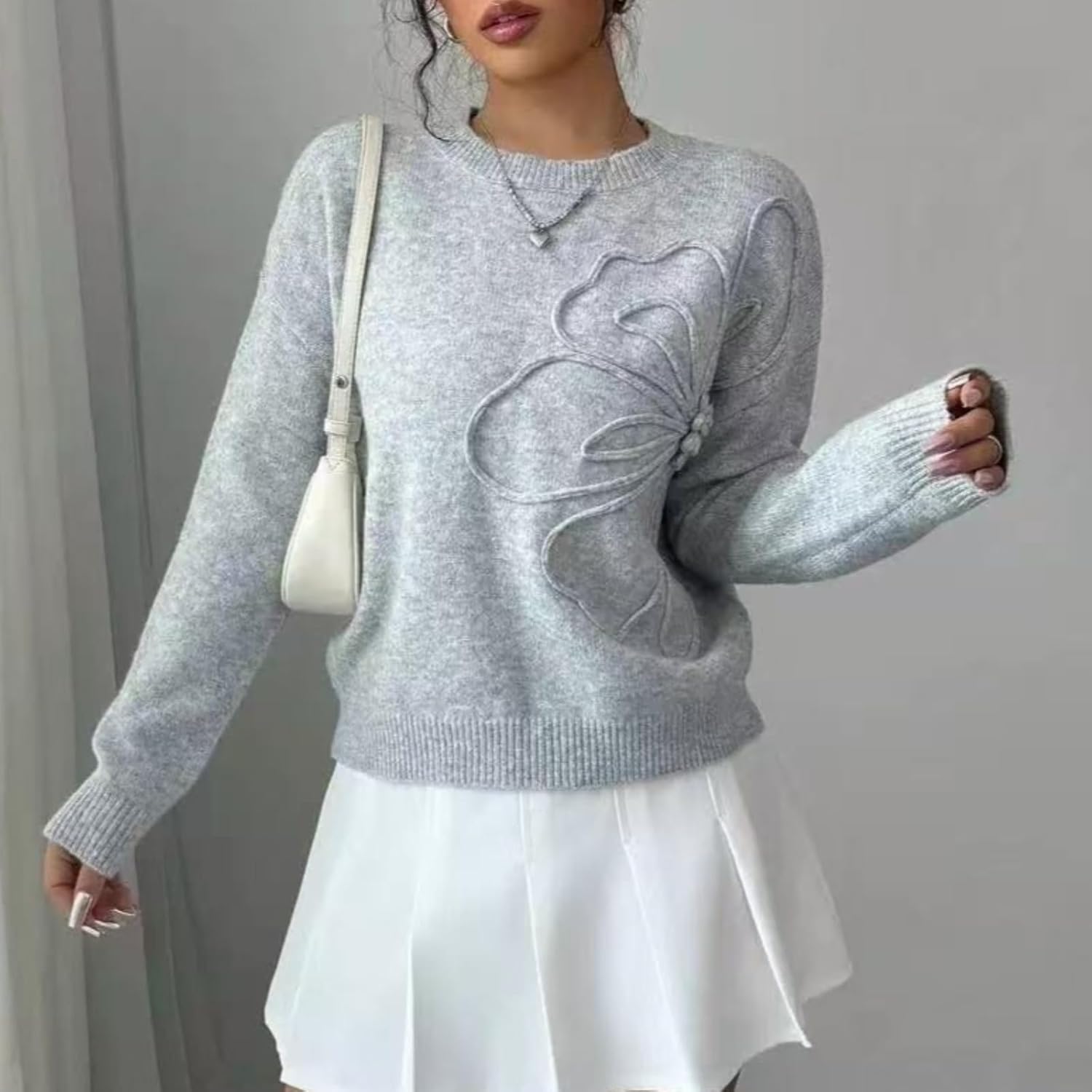 Women’s Knit Sweater Pullover Crewneck Long Sleeve Casual Loose Fit Jumper 3D Floral Ribbed Top - Image 2