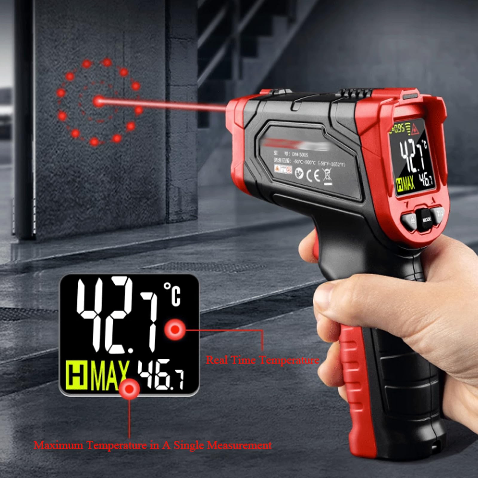 KRILLIQ Rilevatore di Temperatura termometro IR Portatile Senza Contatto con Pistola Digitale con Allarme sonoro e Luminoso per Cucina Industriale