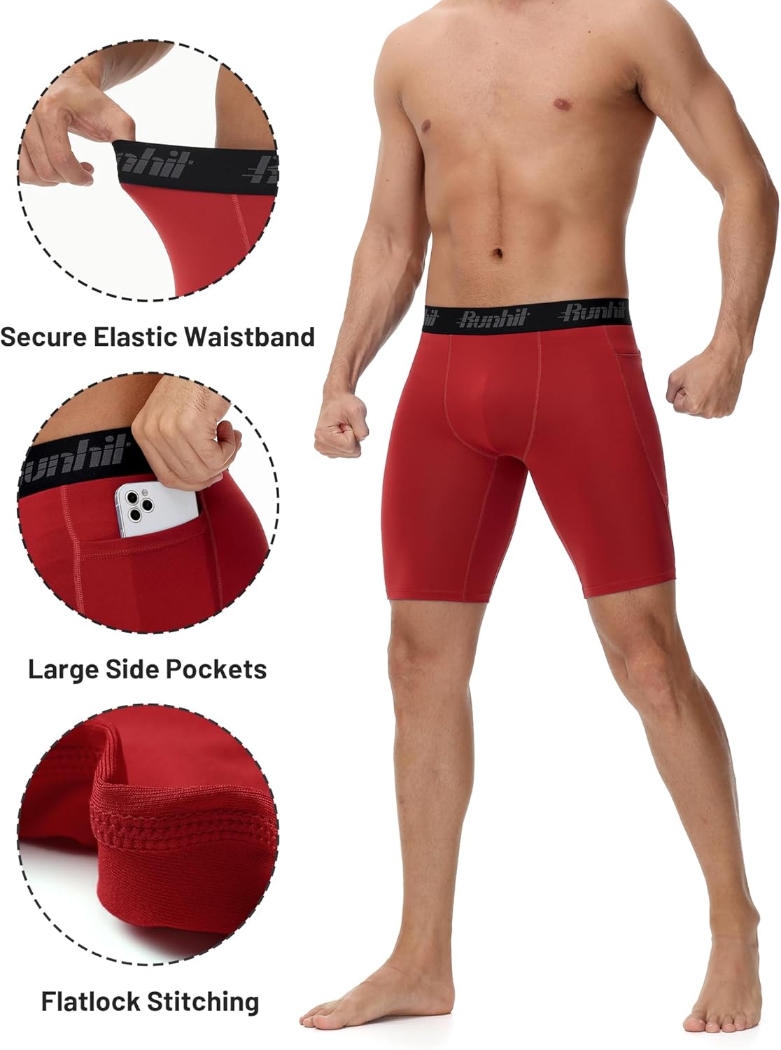 Runhit 2 Pack Mens Compression Shorts with Pockets 9" Performance Spandex Underwear Sport Athletic Workout Running Base Layer - Image 3