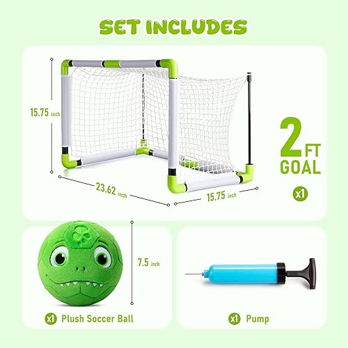 Vista 3 de Porterías de fútbol de juguete para niños pequeños para patio trasero interior con pelota de dinosaurio de felpa suave, mini redes de fútbol y juego