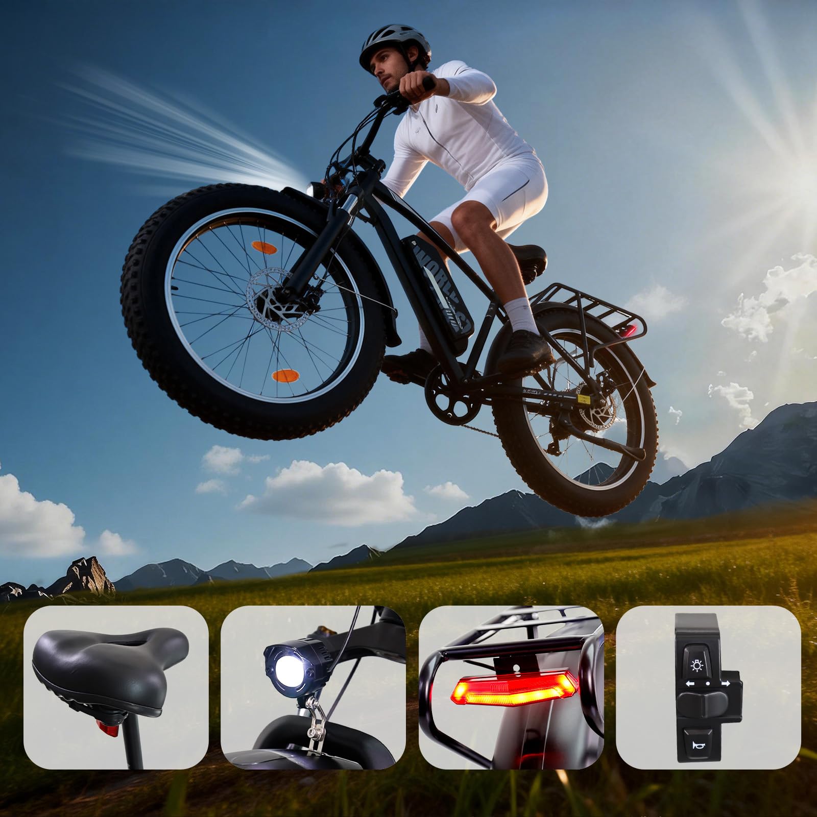 Vélo Électrique Homme Femme 26" Fat Bike, 250W Moteur, Batterie 48V 15.6Ah, Autonomie 75 km Assistance, Suspension Avant, Freins à Disque Avant et Arrière, 7 Vitesses, Écran LED