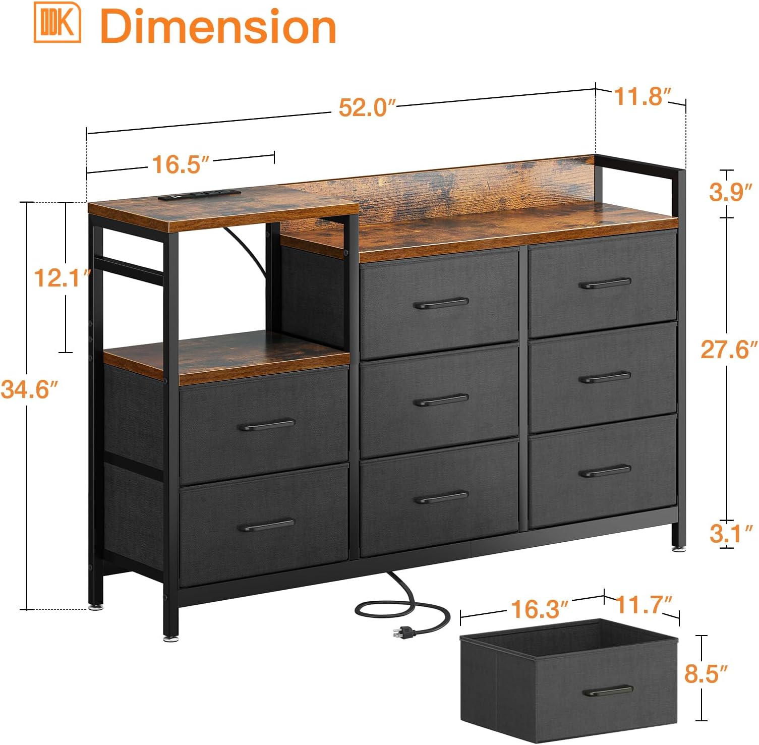 ODK TV Stand with Charging Station, 52'' Long TV Stand for Living Room TV Stand with 8 Drawers, Vintage and Black