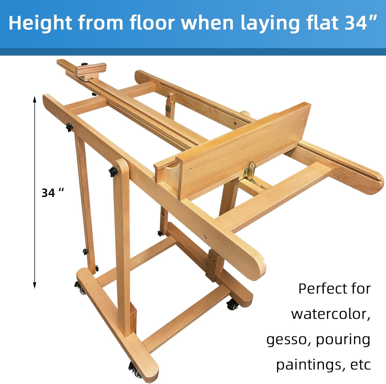 Falling in Art Extra Large H-Frame Studio Easel, Solid Beechwood Artist Easel with Storage Tray, Adjustable Canvas Holder Stand with Rolling Wheels for Painting Adult