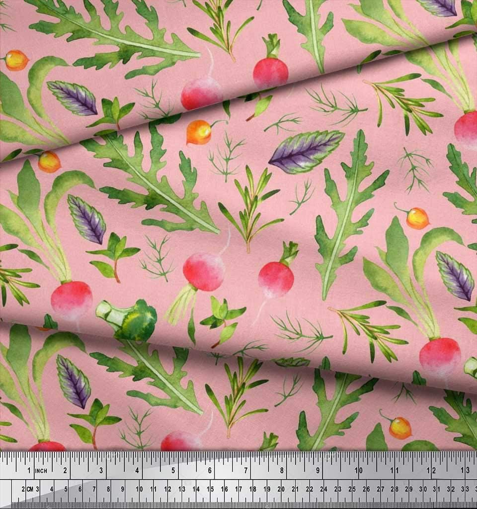 Soimoi Rayon Pink Fabric - by The Yard - 56 Inch Wide - Leaves, Turnip & Broccoli Vegetable Harvest Material - Fresh and Nutrient-Rich Patterns for Kitchen Decor Printed Fabric