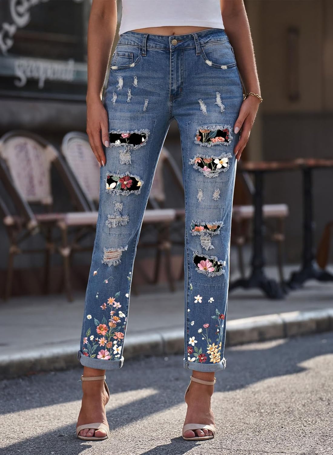 EVALESS Ripped Jeans for Women Plaid Patch Boyfriend Skinny Distressed Denim Jean Pants