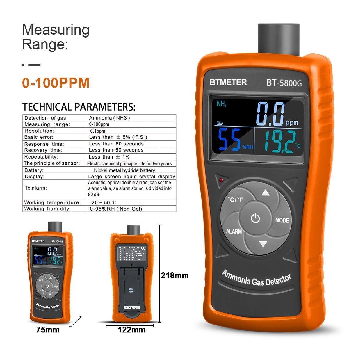 BTMETER BT-5800G - Sensore rilevatore di gas ammoniaca, prova per 0 ~ 100 PPM Nh3 Monitor Gauge con tester di umidità di temperatura