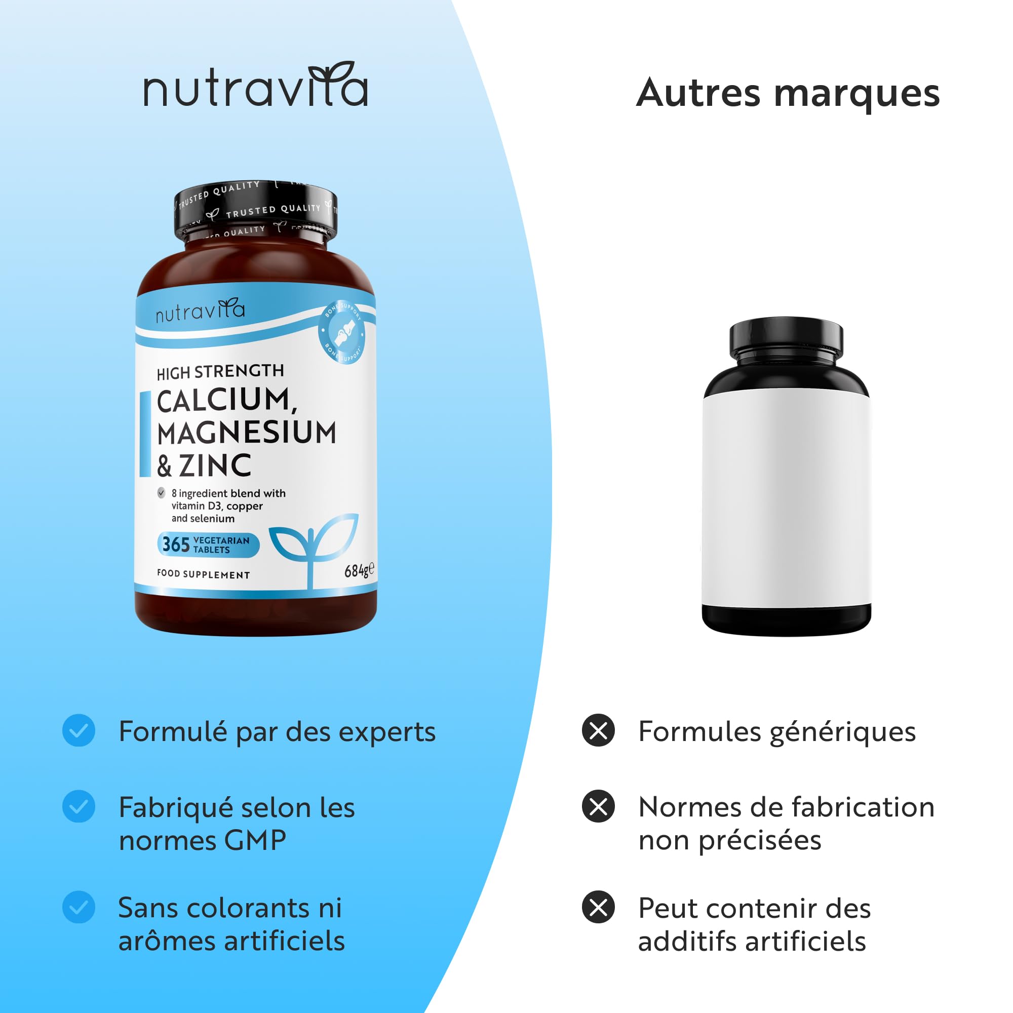 Calcium, magnésium, zinc enrichi en vitamine D3 - Supplément de haute résistance | 365 comprimés végétariens | Offre de 6 mois | Fabriqué au Royaume-Uni par Nutravita