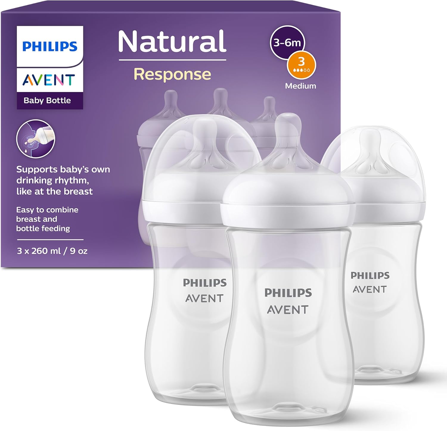 Philips Avent Natural Response Baby Bottle – 3 x 260ml Baby Milk Bottle for Newborns and Up, BPA Free, 1+ Months (Model SCY903/03)