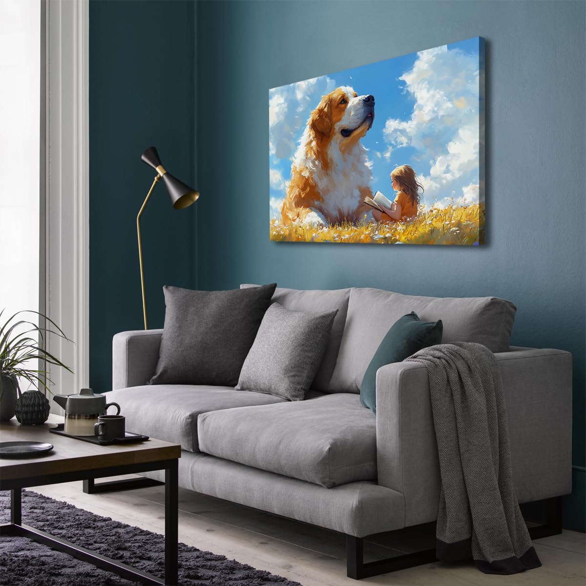 TOANGWALL Carina tela per cani Stampe murali Libro incorniciato di una bambina da sogno Libri di lettura Fiori di prato Illustrati da libro di fiabe Mural per bambini Arredamento della stanza 50x60cm
