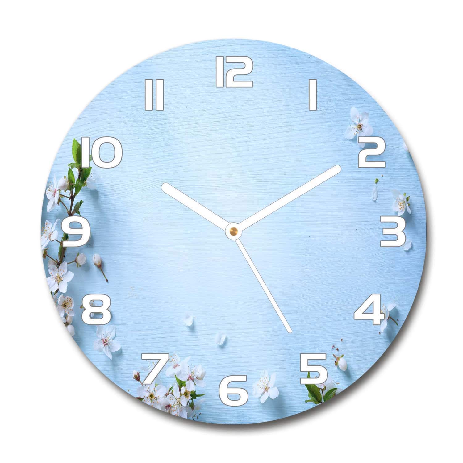 Horloge en verre 60x60cm Tulup avec fond de fleurs de cerisier et aiguilles blanches