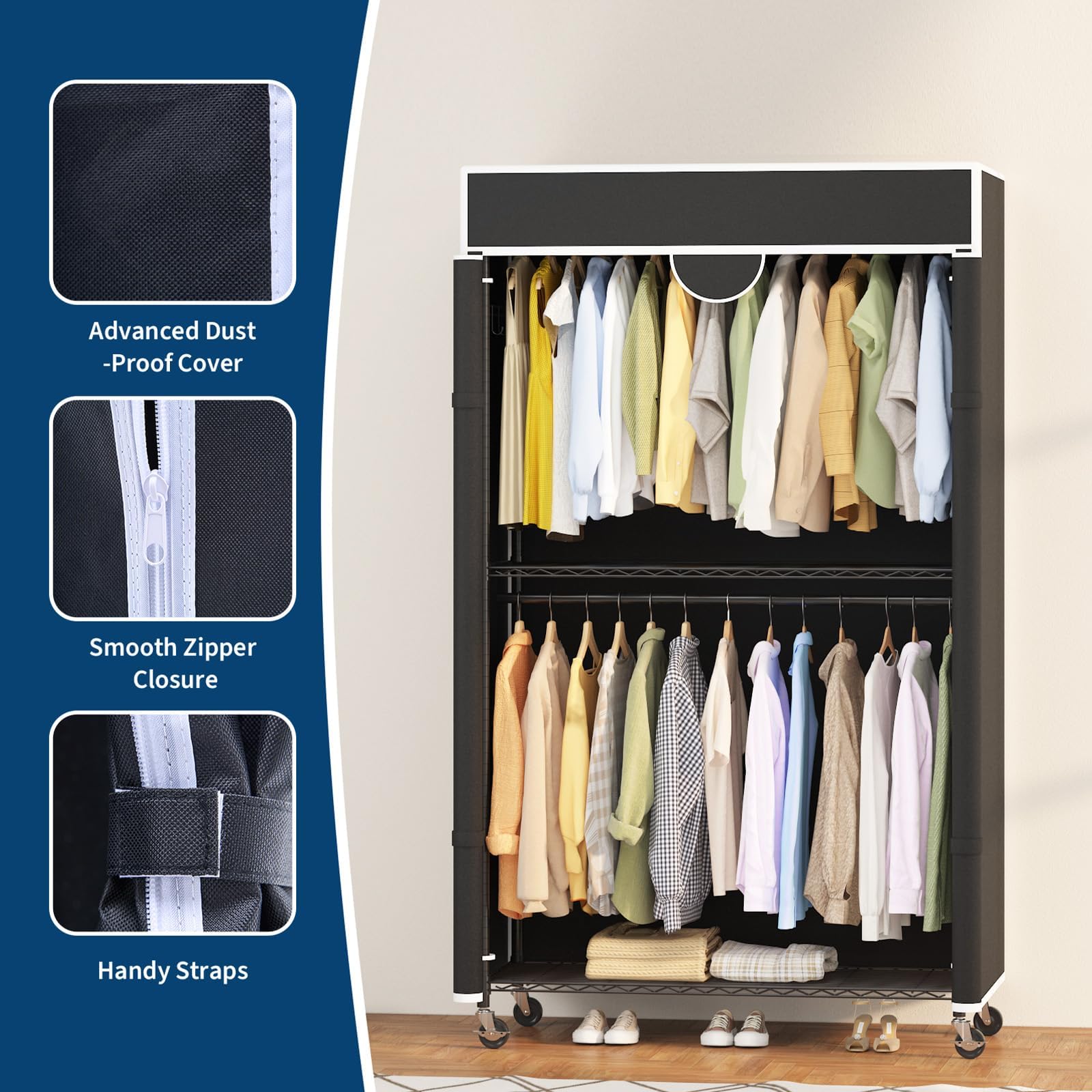 Aptliton Schwerlast Faltschrank Mit Rollen 115x45x202 cm, Kohlenstoffstahl Kleiderschrank Schwarz Freistehend, Stoffschrank Mit Kleiderstange Und 2 Ablagen, Garderobe Hohe Belastbarkeit Metallrahmen