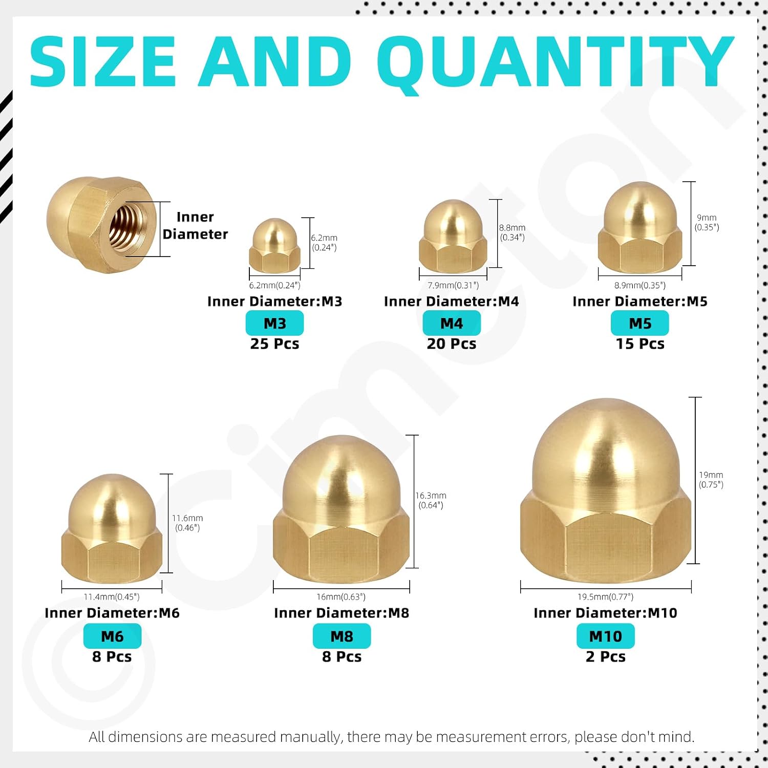 78PCS 6 Sizes Cap Nuts Brass Cap Nuts Assortment Kits M3 M4 M5 M6 M8 M10 Dome Head Hex Cap Nuts Hardware Nuts Hexagon Cap Nuts for Motorcycles Bicycle Furniture Screws Threaded Rods