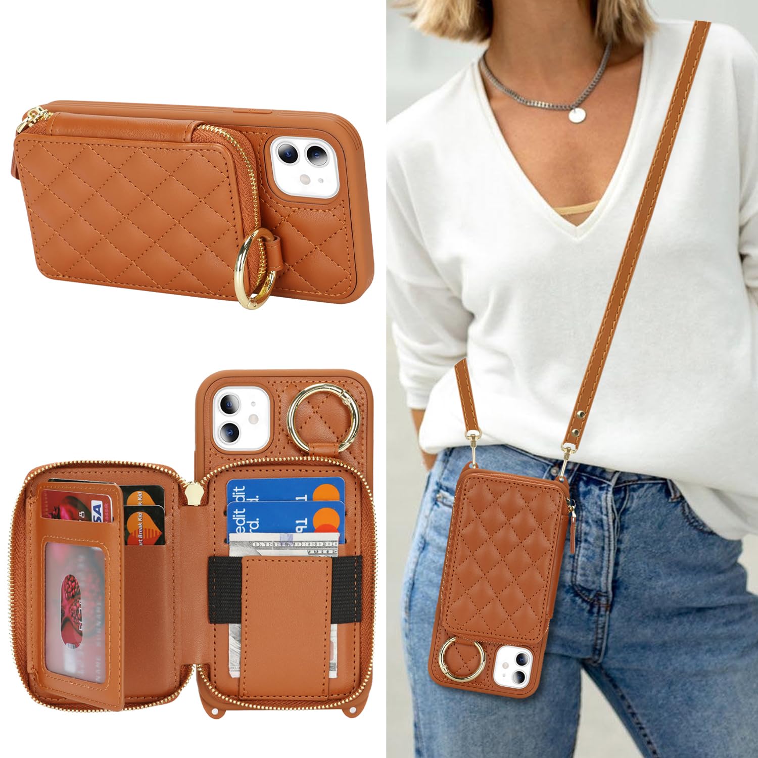 Crossbody Wallet Case for iPhone 11-Brown