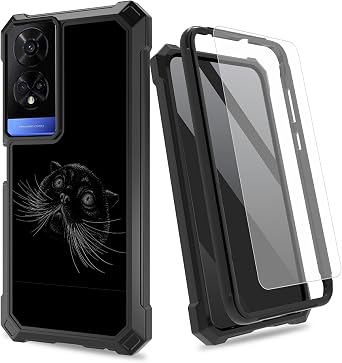 Black Cat Face for TCL 50 XE 5G Case w/Tempered Glass Screen Protector, 2 Layers Rugged Shockproof PC Frame + Soft Silicone Bumper Phone Case for TCL 50 XE Nxtpaper 5G