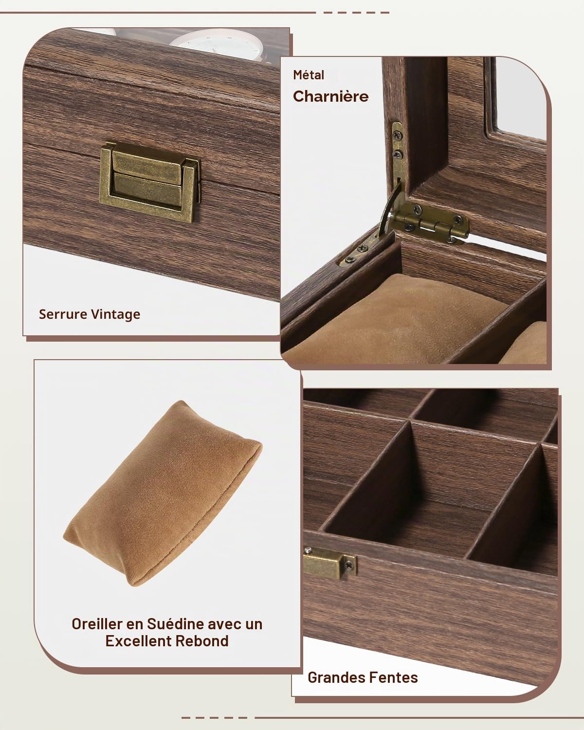 Uten Boîte à Montres avec 12 Compartiments, Vitrine de Montres, Boîte de Rangement pour Montres avec Coussin Amovible, Grain de Bois