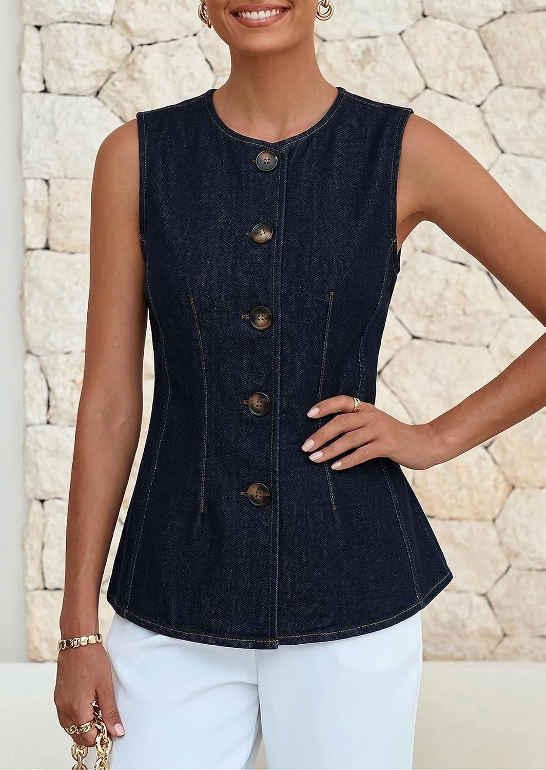 YEXPINE Women's Button Down Denim Vest Crewneck Slim Fit Waistcoat Casual Jean Tank Top