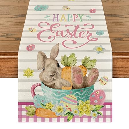 Artoid Mode Bunny Carrots Cup Pink Buffalo Plaid Easter Table Runner, Holiday Spring Kitchen Dining Table Decoration for Home Party Decor 13x72 Inch