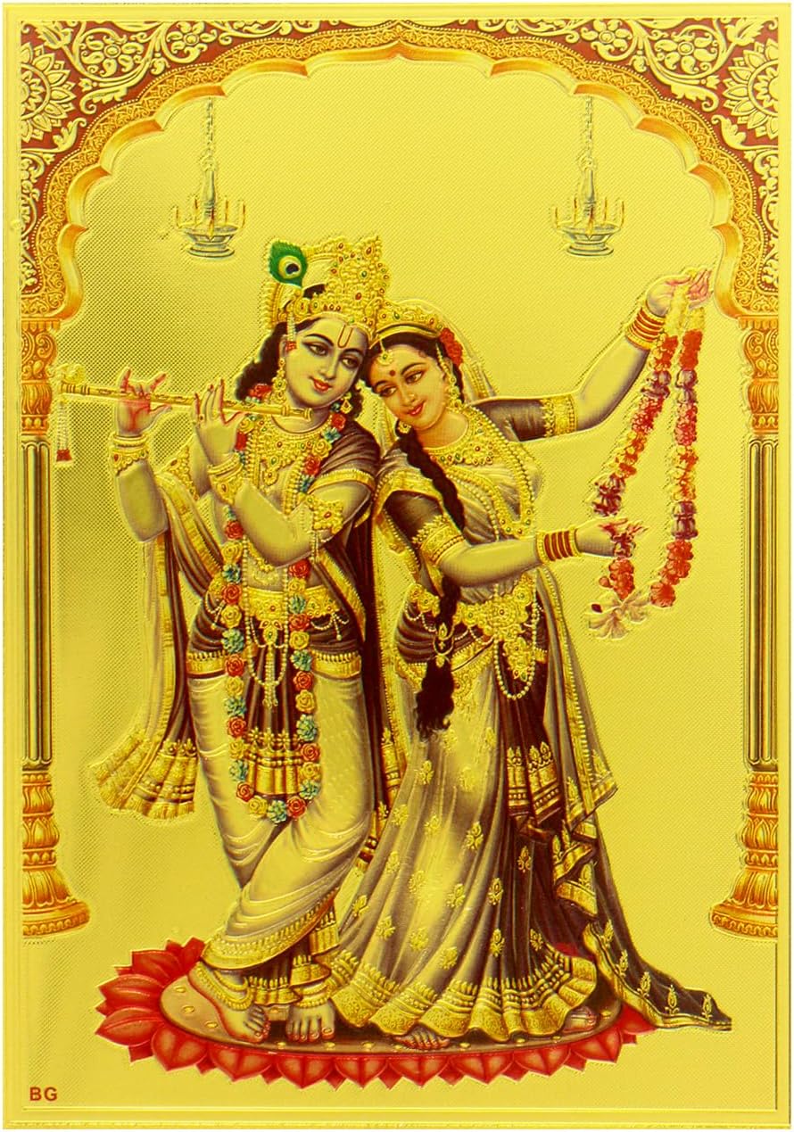Yogic Mantra Radha Krishna Photo | Unframed 5x7 Inch | 180 GSM Gold Foil Paper | Embossed Printing | Lord Sri Krishna Wall Decor Poster | Diwali Art Gift | For Home Mandir and Office Temple