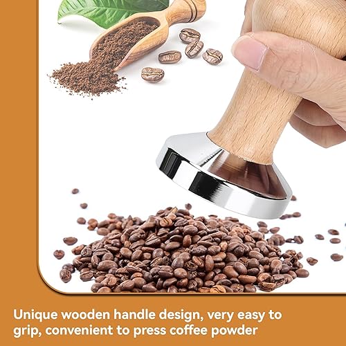Miniatura 5 de Manipulador de café expreso, 2.362 in acero inoxidable café manipulador mango de madera base plana café en polvo prensa martillo espresso