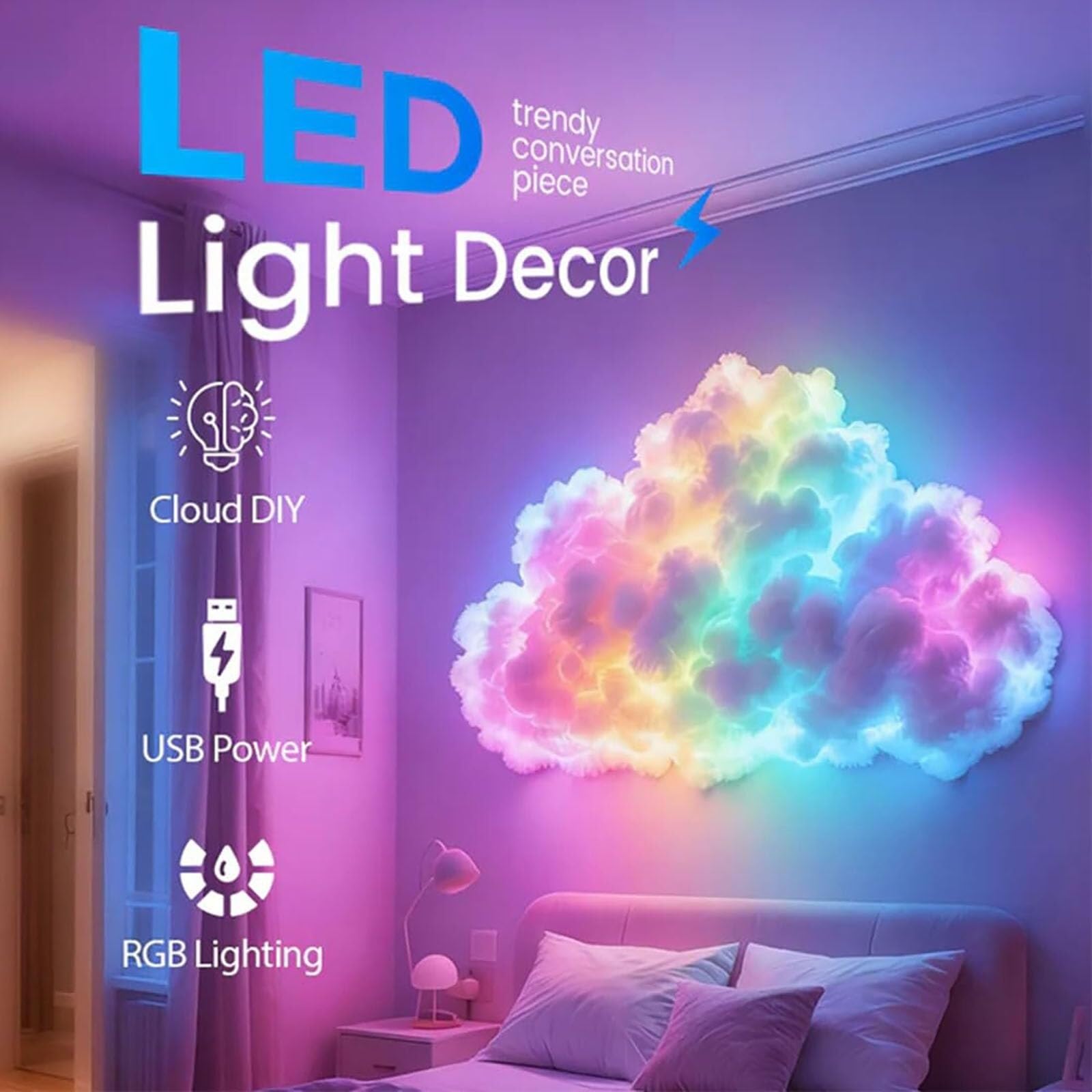 Lámpara de Nube de Tormenta LED 3D, USB, Multicolor | Algodón 3D, sincronización musical, modos ajustables. Ideal para juegos, Halloween o dormitorios.(800cm/314.96in)