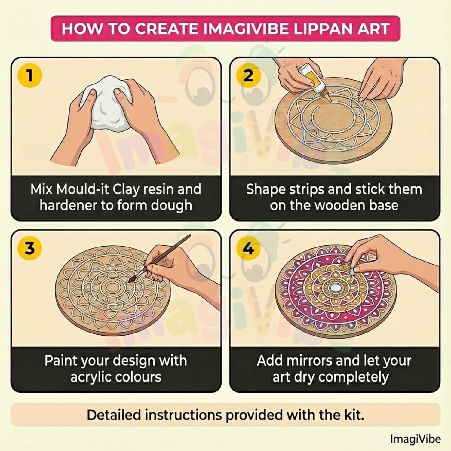 ImagiVibe DIY Mini Lippan Art Kit for Kids & Adults | 2 Pre-Marked 6 Inch MDF Boards | Indian Folk Art Painting Kit with Clay, Mirrors & Pastel Tempera Colours | Creative Art & Craft Kit for Gifting, Artists, Children, Students, Beginners (6inch) 3