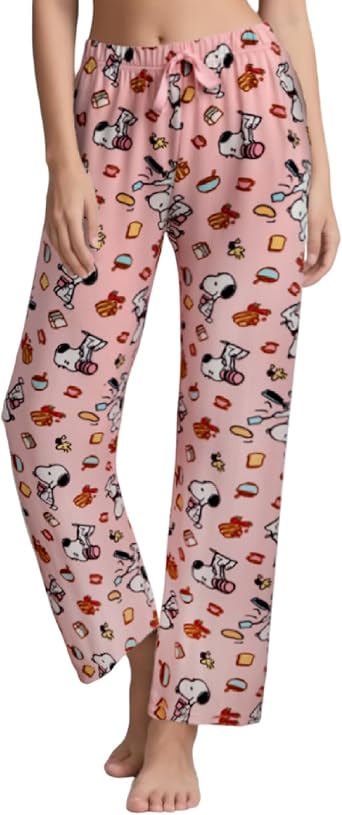 COCO BRANDS Womens Pajama Pants - Peanuts Snoopy Soft Stretch Sleepwear Bottoms - Comfy Fun Pajamas for Women Sizes XS-XL, Size X-Large, Pink Snoopy Cooking Breakfast