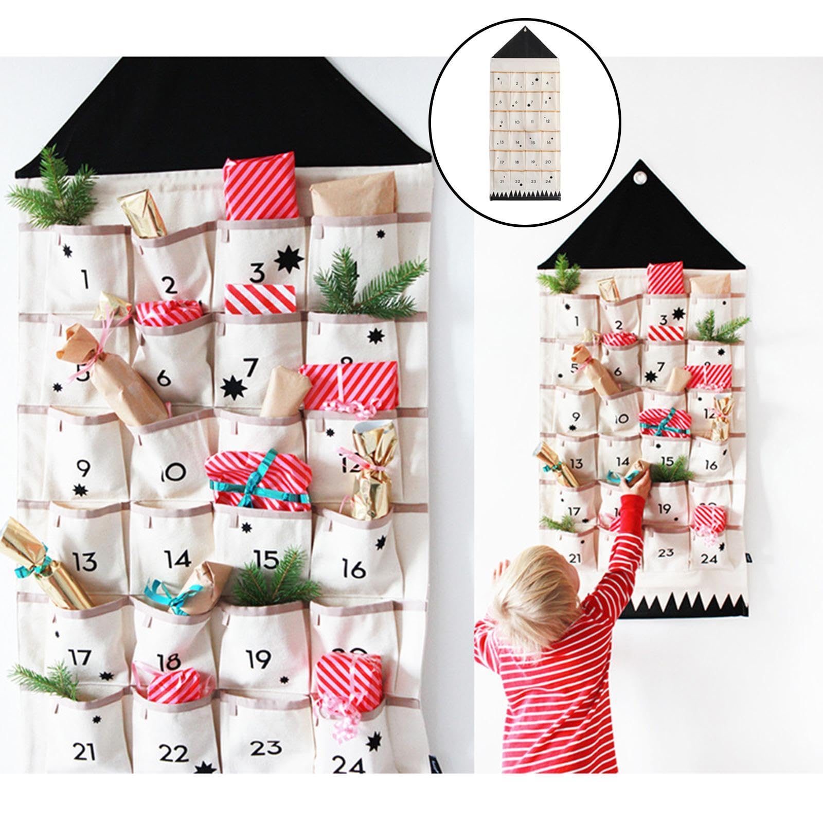 Calendario dell'avvento in tessuto, riempibile, calendario dell'Avvento di Natale con 24 tasche, in tessuto, vuoto, da riempire per ornamenti natalizi