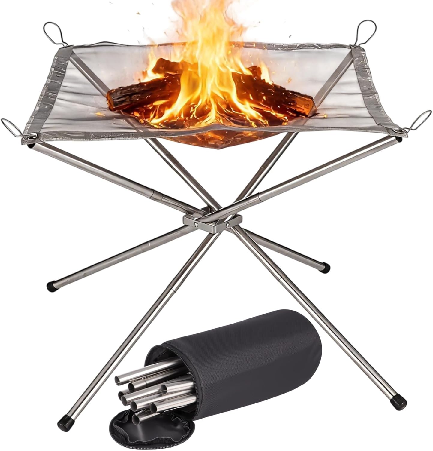 Portable Outdoor Fire Pit 22 Inch Foldable Stainless Mesh Fire Pit, Collapsible Camping Fire Pit Fireplace for Outside Camping, Backyard, Patio, Garden Holds 26lbs FireWood Burning