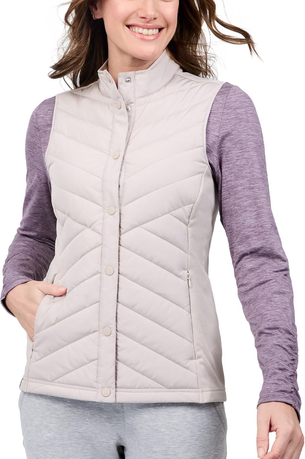 Free Country Womens Vest Button Puffer Quilted Sherpa Fleece Lightweight Zip Pockets Winter Gilet Vest for Ladies-Hybrid B