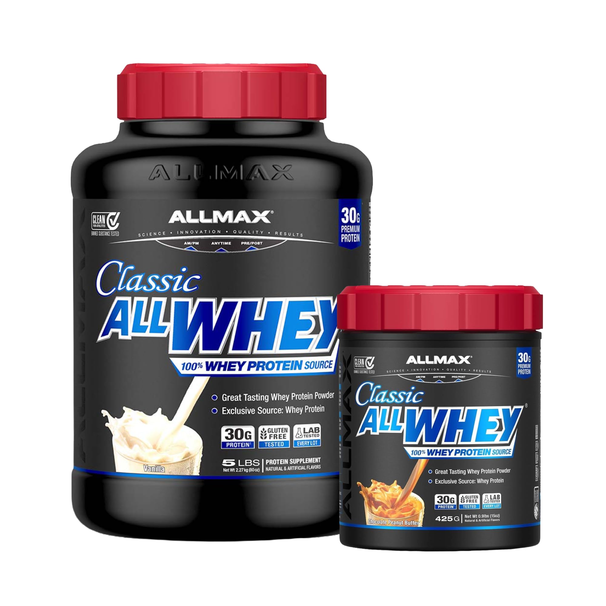 ALLMAX AllWhey Classic Vanilla 5 lb and Chocolate Peanut Butter 0.9 lb Bundle, Gluten Free, Low Sugar, High Protein, Supports Muscle Recovery, Lean Muscle & Pos
