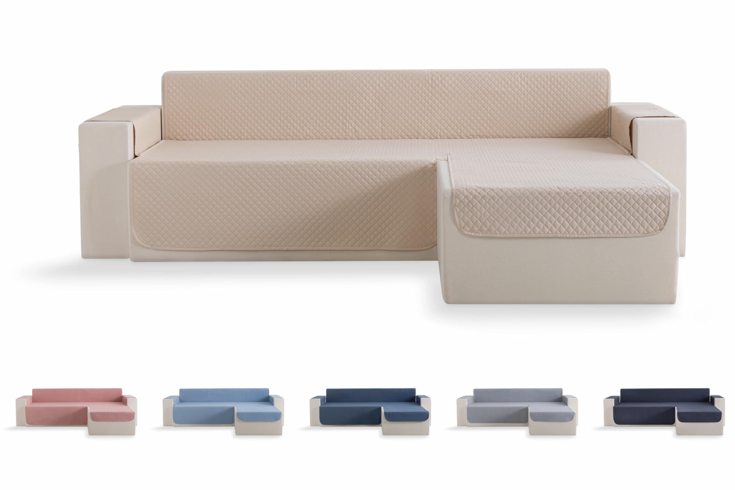 Todocama – Funda Cubre sofá, plazas, Protector de sofás Acolchado de Rombos, Transpirable, fácil de Limpiar, (Beig Arena, Chaise Derecho 200cm)
