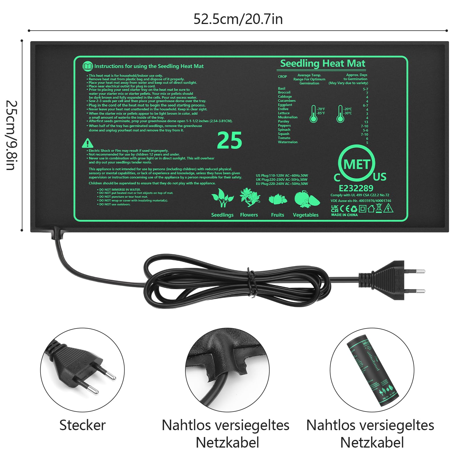 Heizmatte mit Thermostat, 50W Wärmematte Terrarium, PVC wasserdichte Pflanzen Gewächshaus Heizkissen, Erlaubt Temperatur Regelung in 1℃ (20-45℃), für Sämlinge, Haustiere und Reptilien