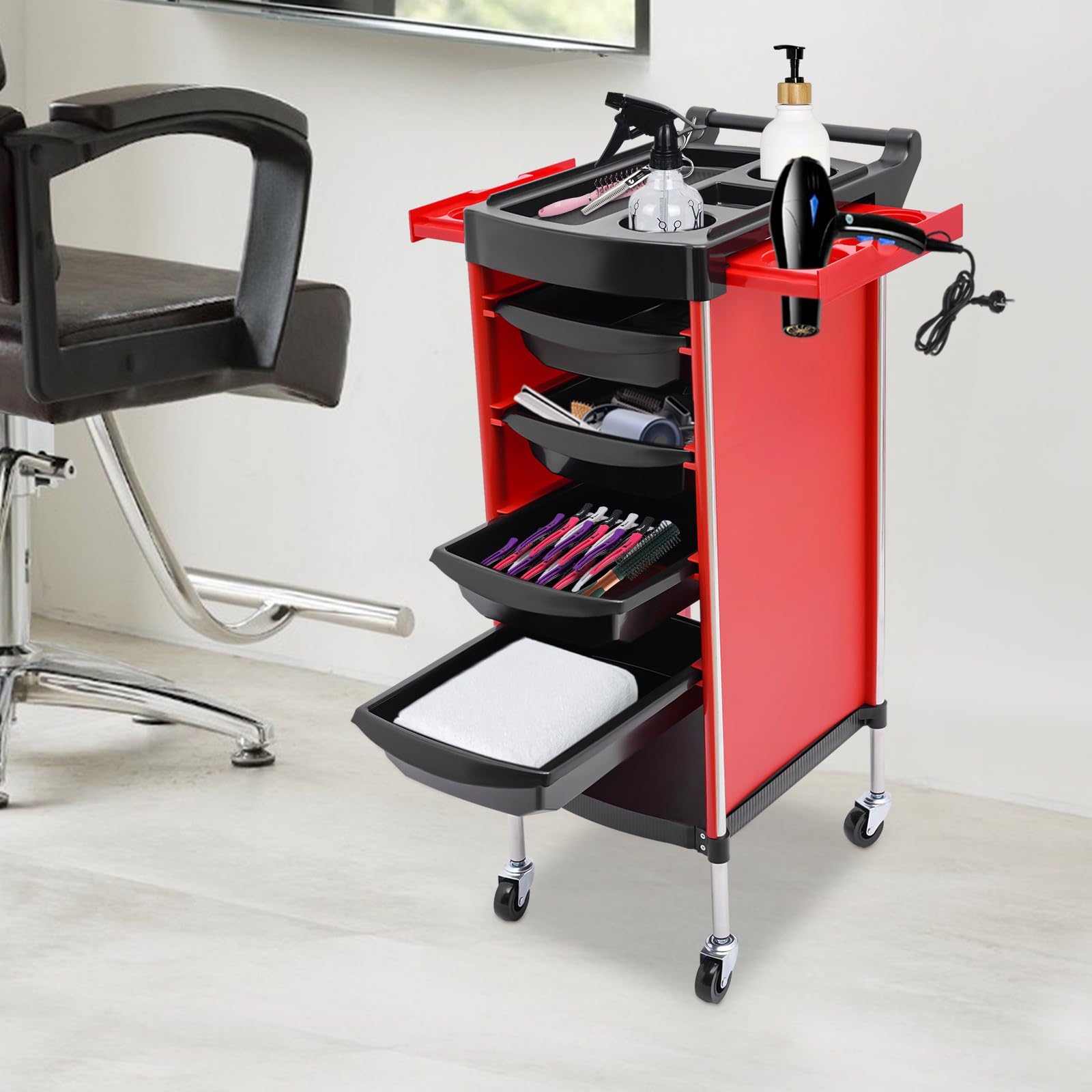 6 Etagen Friseurwagen mit 4 Schubladen und Räder, Bedienungswagen, Friseur Arbeitswagen Drehbar, Beauty Salon Trolley, Friseur Zubehör, Einziehbare Ablagen, 36 x 37 x 85cm (Rot)