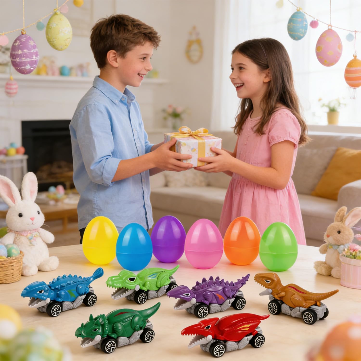 6 Pack Prefilled Easter Eggs with Metal Dinosaur Car Toys Vehicles Set for Toddlers Kids Easter Egg Fillers Hunt Basket Stuffers Party Favors Classroom Prizes for Boys