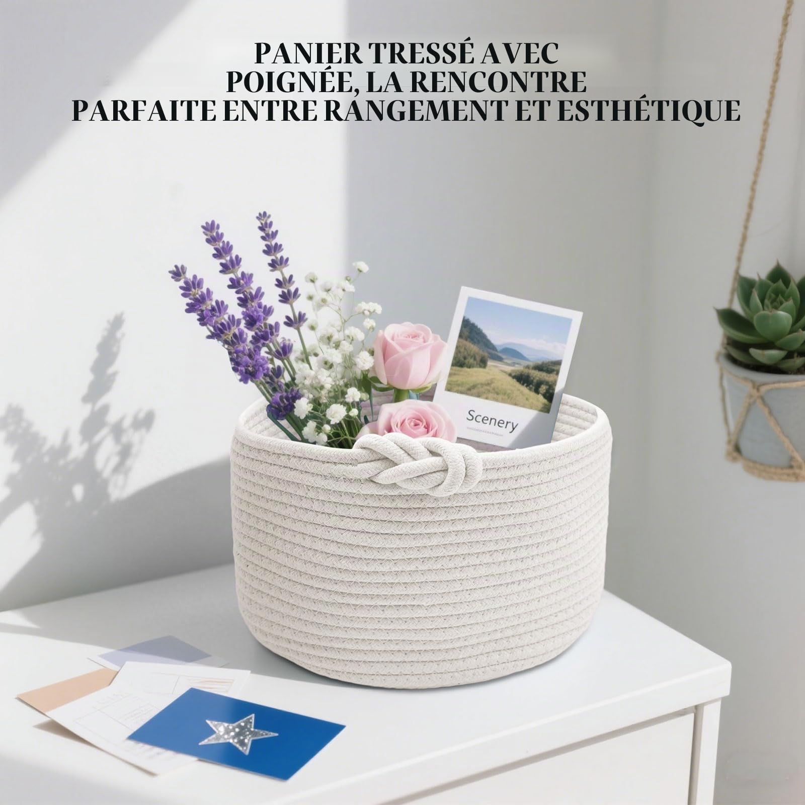 Panier Rangement, Panier de Rangement Tressés en Coton pour Chambre d'Enfant,Bain,Chambre, D 24 x H 18 cm (Blanc)