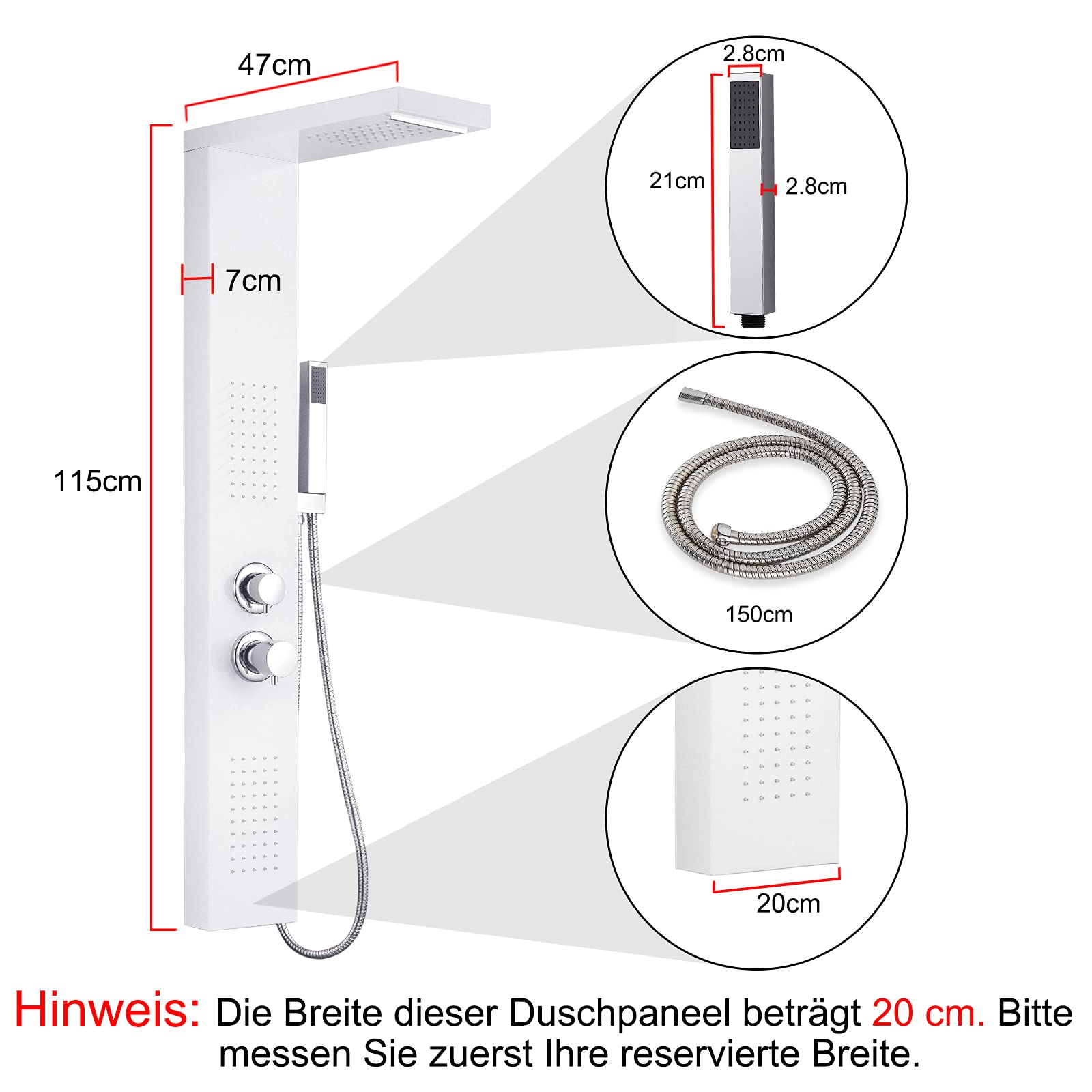 FIVMEN Sistema de ducha multifuncional con 4 funciones, acero inoxidable 304, ducha con efecto lluvia, ducha de mano, ducha de masaje, ducha cascada, columna de ducha interior/exterior, juego de