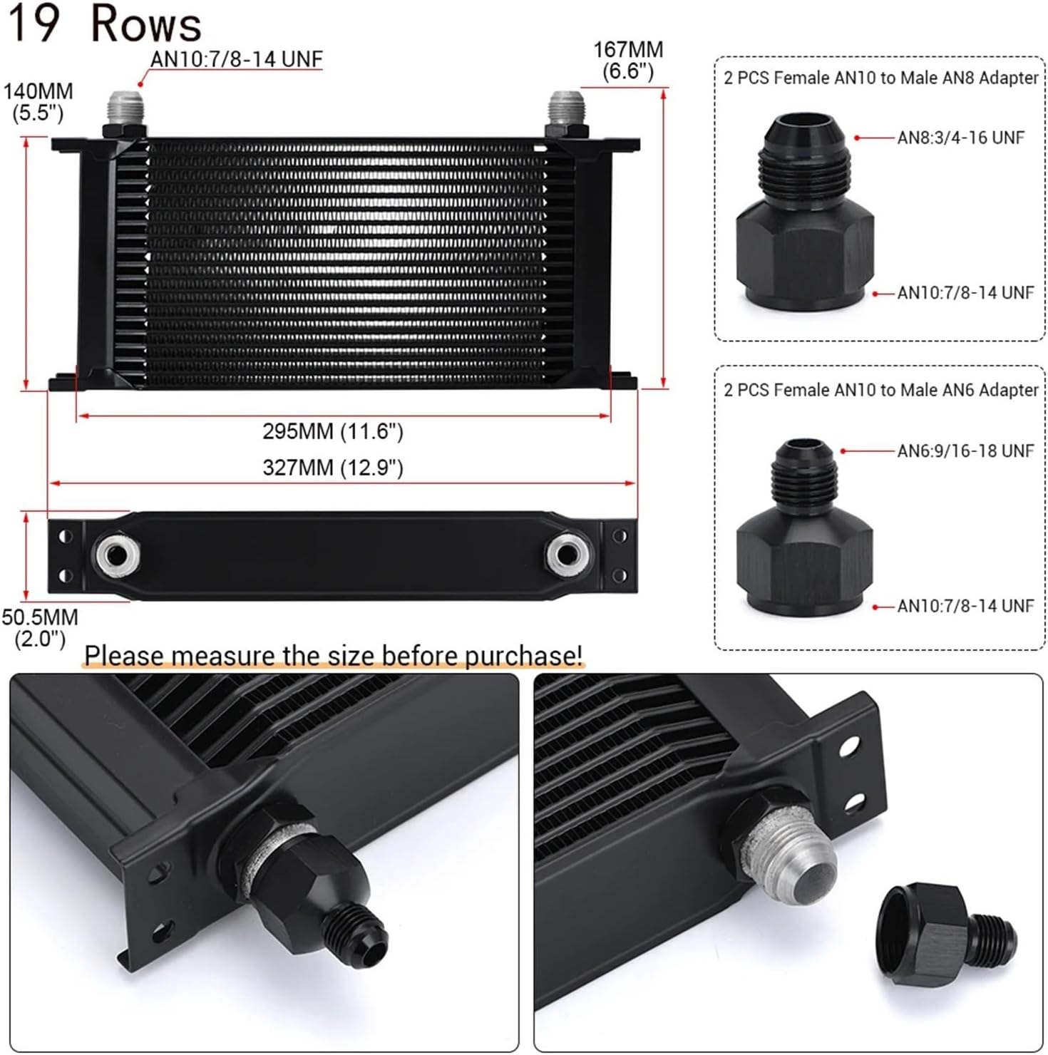 AN10 Aluminum Radiator 7/10/13/16/19/25/30 Rows British Type Car Engine Oil Cooler Cooling Radiator Replacement Universal Cooler(6721 Oil Adapter)