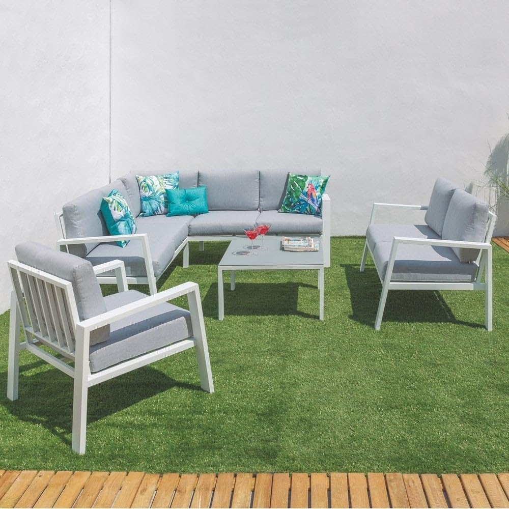 LOLAhome Sofá rinconera de jardín, de Aluminio, 195x195x73 cm, diseño Elegante, Ligera y Resistente. Cojines desenfundables con Tratamiento hidrófugo - Colección Thais (Blanco)