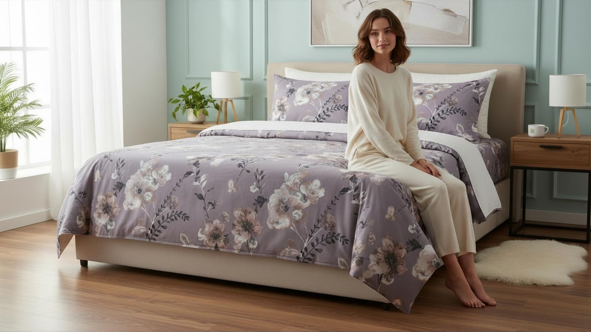 Floral Comforter Set, Lavender, 3-Piece with Pillow Shams | Botanical Print, Soft Bedding Set, Queen/King Size, White Reverse Side, Bedroom Decor-picture-17