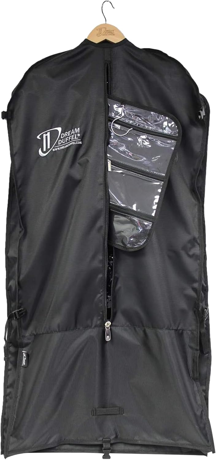 Dream Duffel Long Garment Travel Bag with Wood Hanger & Accessory Roll, Trifolds with Carrying Handle & Shoulder Strap, Opaque Black, 59.5"
