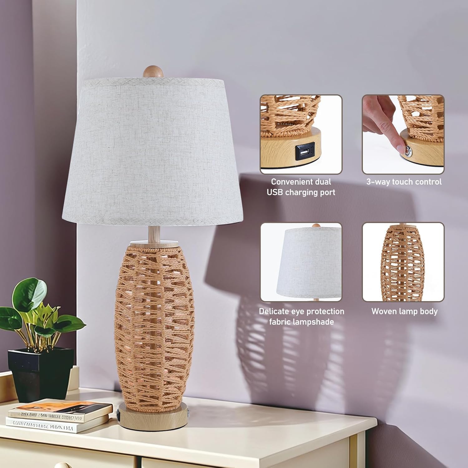 27" Rattan Table Lamps Set of 2, Touch Switch Nightstand Bedside Lamps with 2 USB Ports, Oatmeal Lampshade Wicker Lamp, Farmhouse Table Lamp for Living Room,Bedroom,Room Decor,End Table,Retro,Brown