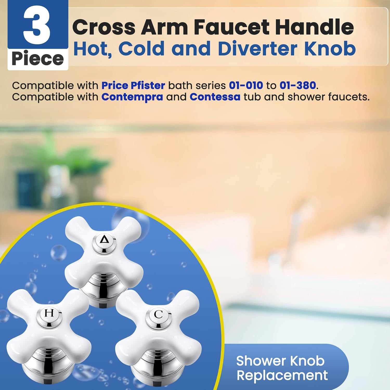 Enhon 3 Pcs Handle Set, Compatible with Price/Pfister Shower Valve, Hot Cold and Diverter Handle, Fits 12 Point Broach Stem, Chrome Finish White(Cross Arm)