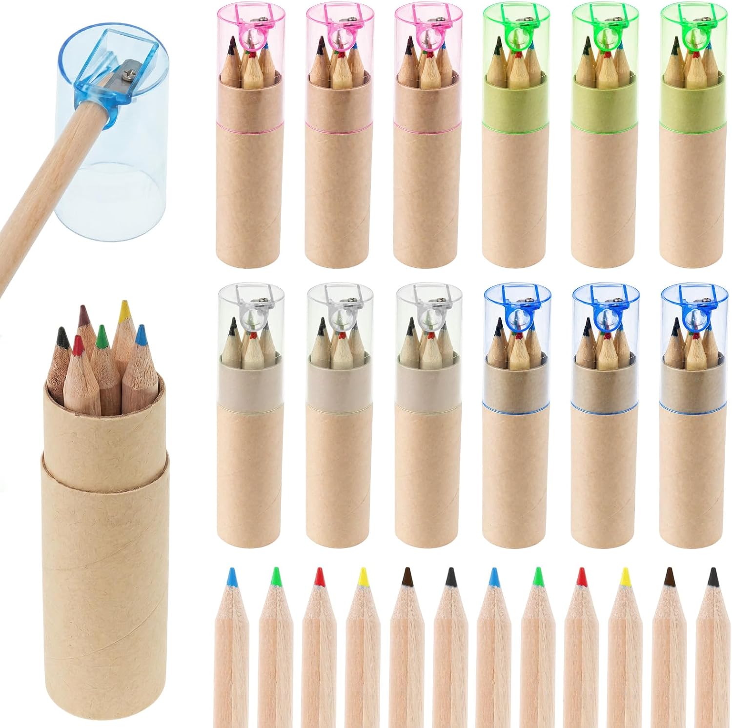 12 Packs Mini Colored Pencils Bulk with Sharpener, Portable Pencil Set in Tube for Classroom Reward, School Supplies, Art Drawing, Sketching, Party Gifts (6 Colors)