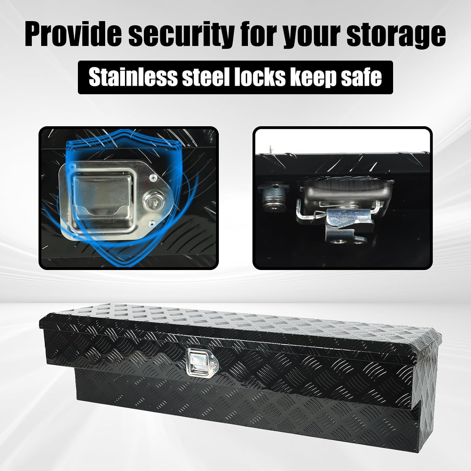 confote 48 Inch Heavy Duty Aluminum Pickup Truck Tool Box Aluminum Stripes Pattern Truck Bed RV Trailer Toolbox Waterproof Storage Organizer with Lock and Keys L-shape -Black